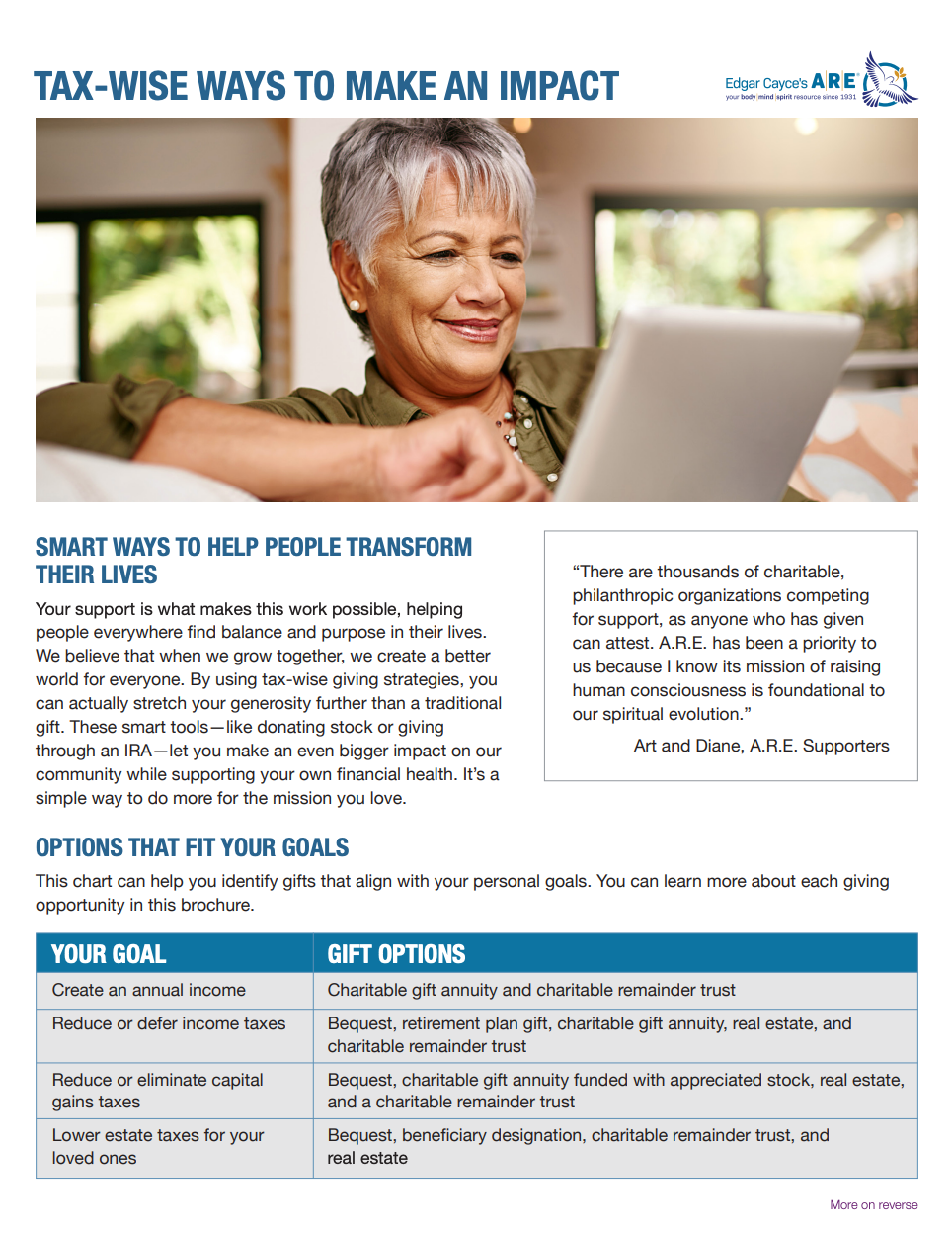 Edgar Cayce - Tax-Wise Ways to Make an Impact Support The Future of My Favorite Charity brochure cover